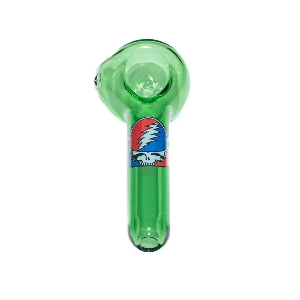 Green glass hand pipe with a colorful skull and lightning bolt design