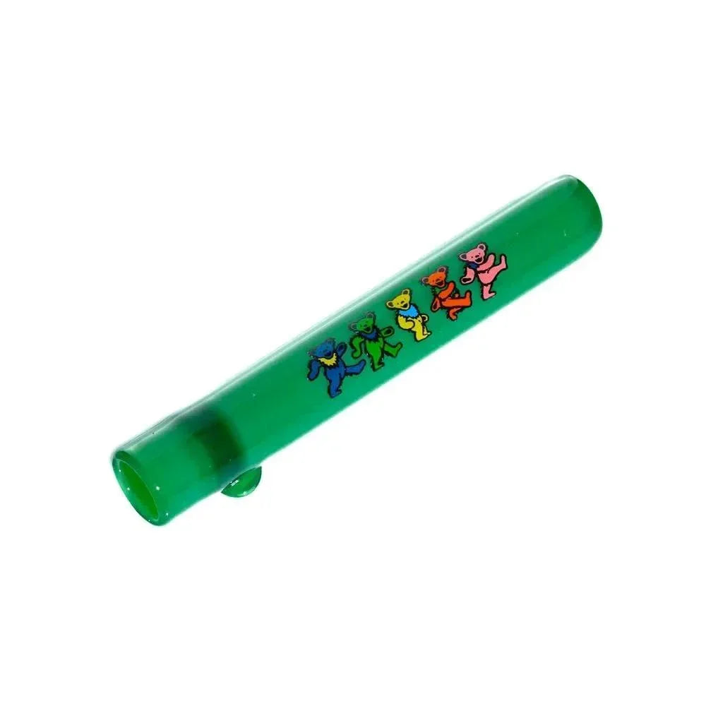 Jade green glass chillum pipe with colorful dancing bear designs on white background