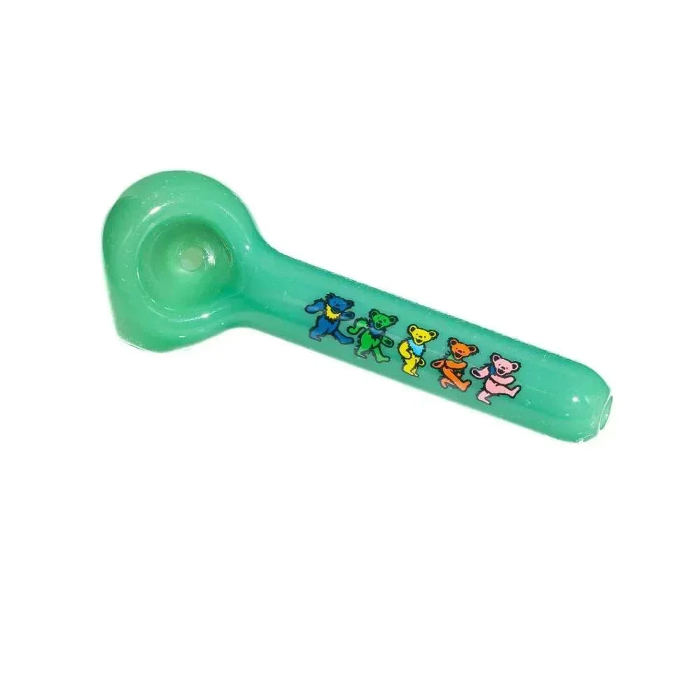 Jade green glass hand pipe with colorful dancing bear designs on the stem