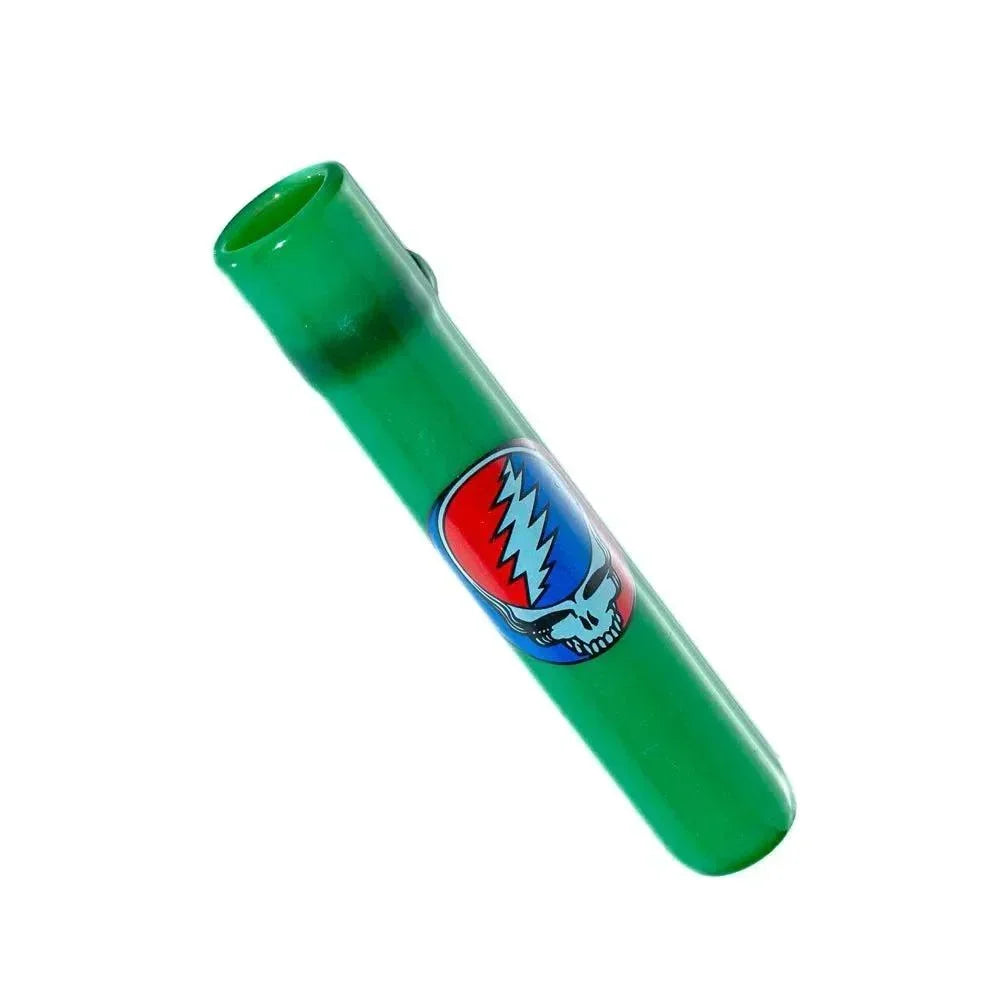 Jade green glass chillum with Steal Your Face skull logo on white background