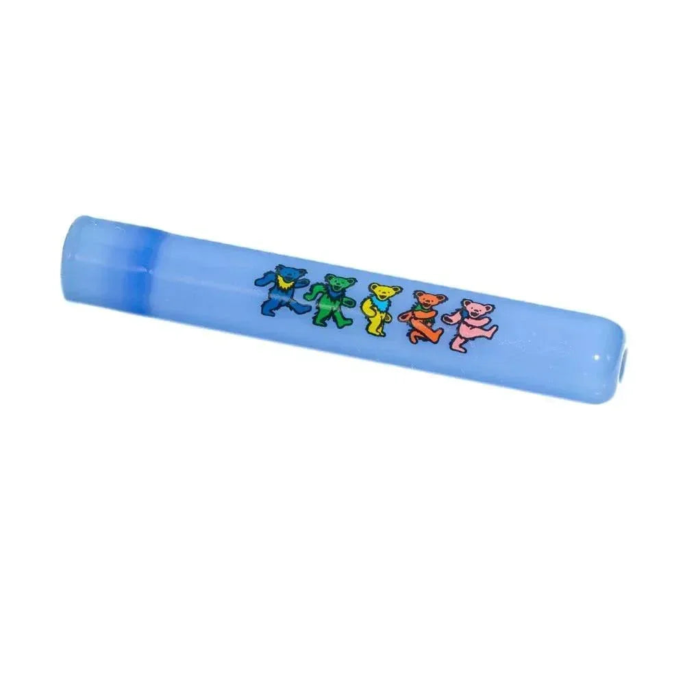 Light blue glass chillum with colorful dancing bear design on white background
