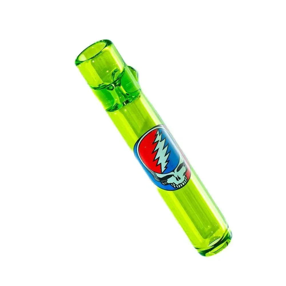 Light green glass chillum with Steal Your Face decal on white background