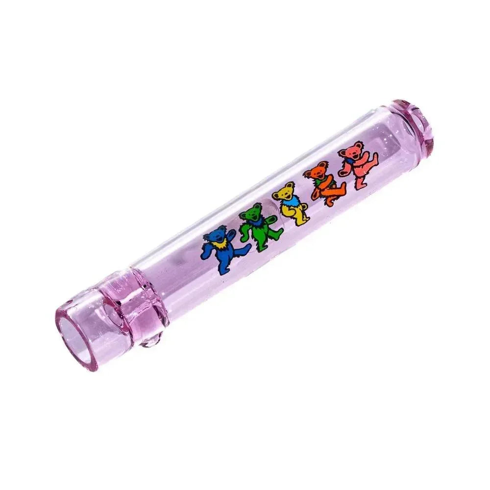 Light pink glass chillum pipe with colorful dancing bear designs, isolated on white background.