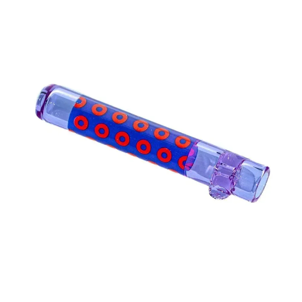 Light purple glass chillum with blue and red donut pattern on white background