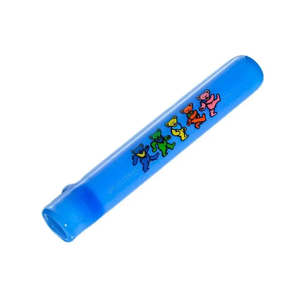 Milky blue glass chillum pipe with colorful dancing bear designs on white background