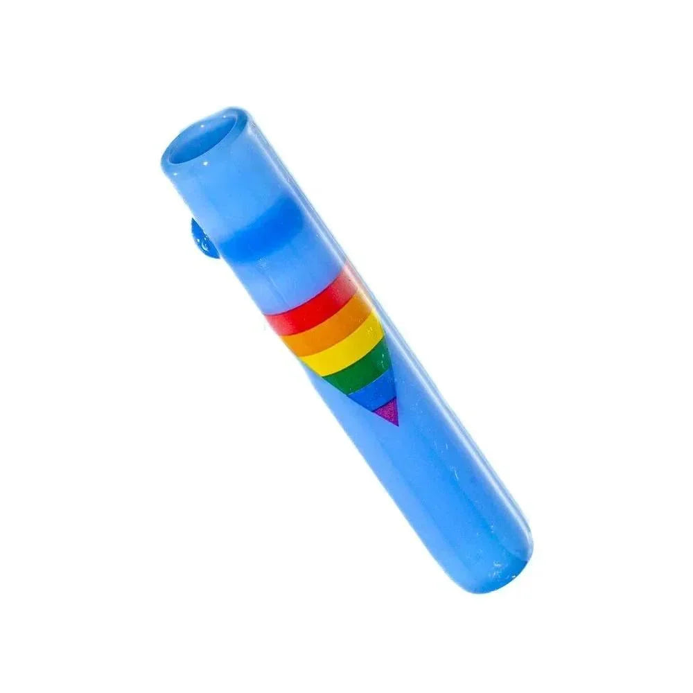 Milky blue glass chillum pipe with rainbow flag accent on white background