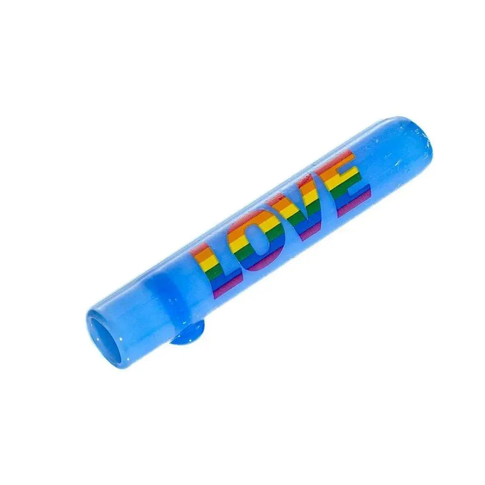 Milky blue glass chillum hand pipe with rainbow 'LOVE' text design on white background