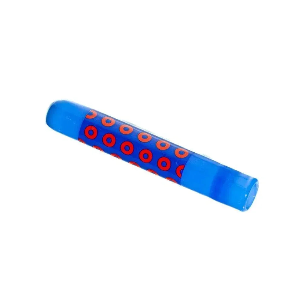 Milky blue glass chillum with red donut pattern on white background