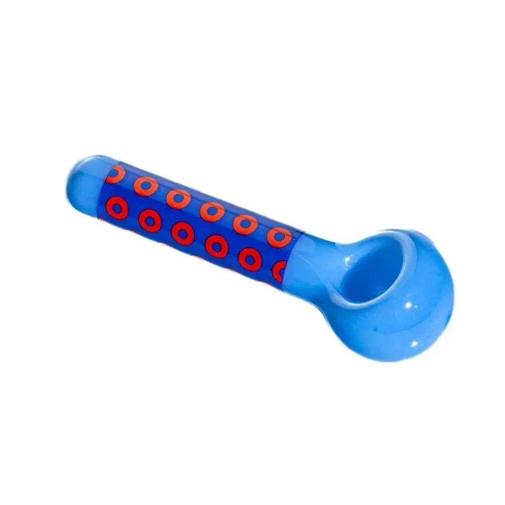 Milky blue glass spoon pipe with donut pattern and round bowl on white background