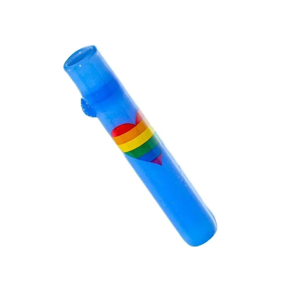 Milky blue glass chillum with a rainbow heart design on white background