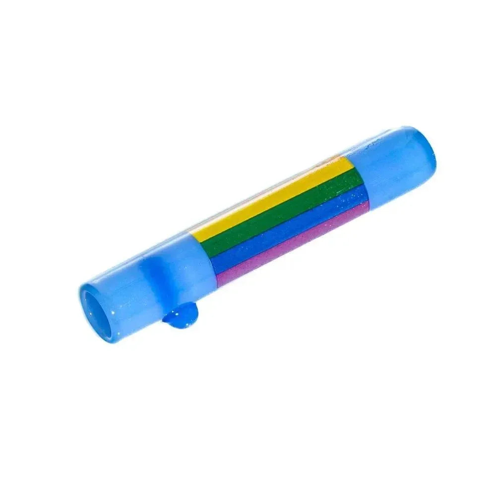 Milky blue glass chillum with rainbow stripes, isolated on white background