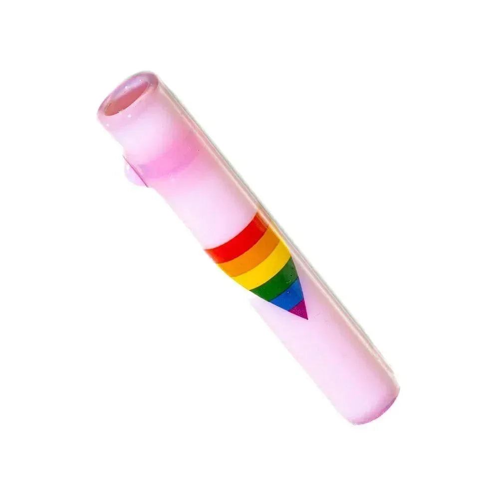 Milky pink glass chillum pipe with rainbow LGBTQ flag accent on white background.