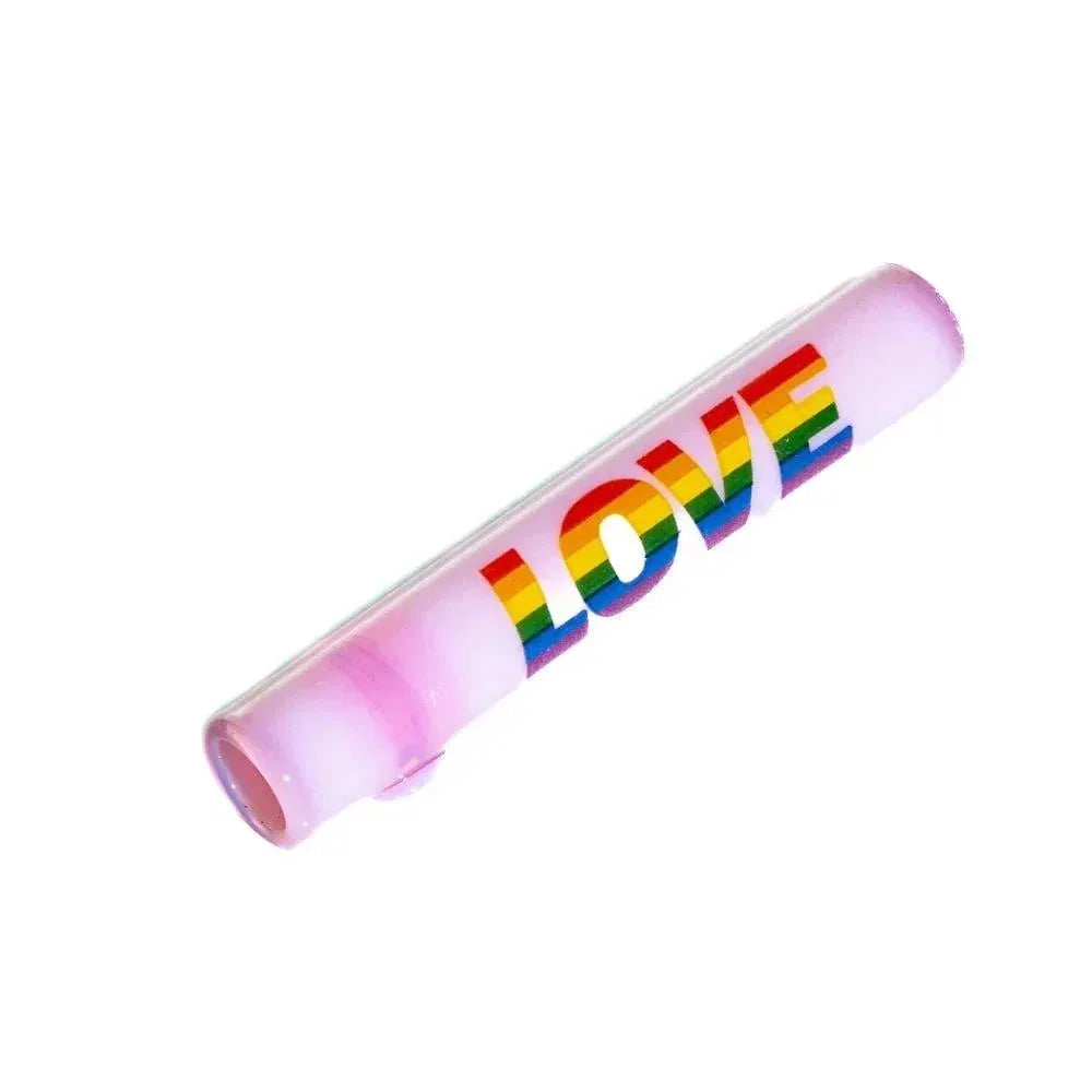 Milky pink glass chillum pipe with rainbow LOVE text and a clean white background.