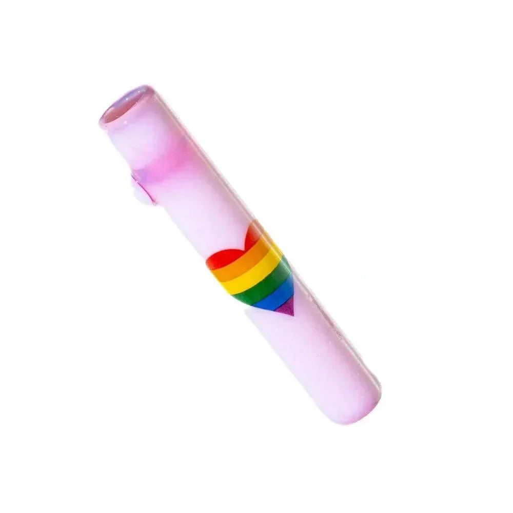Milky pink glass chillum pipe with a rainbow heart design on white background