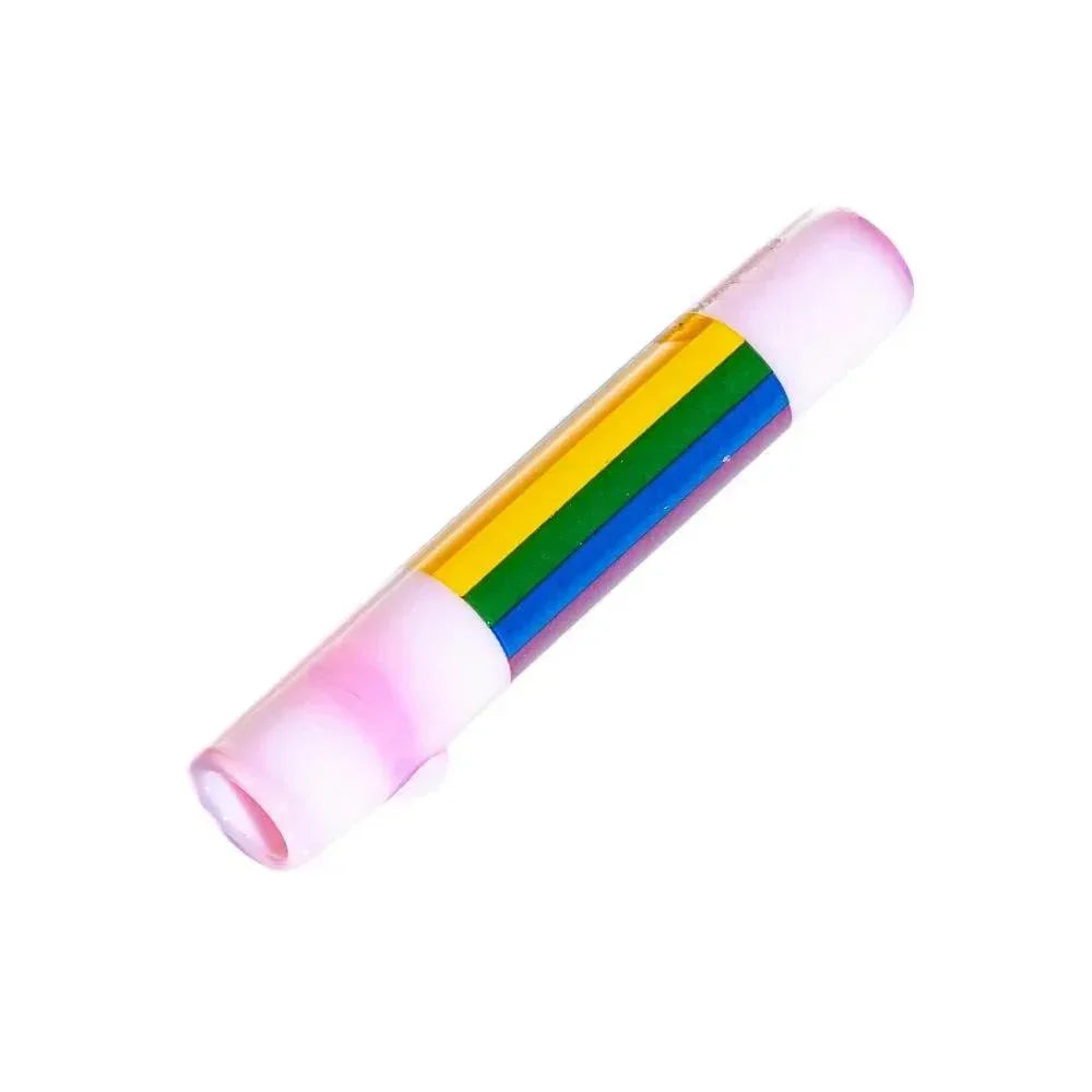 Milky pink glass chillum with rainbow pride flag design on white background