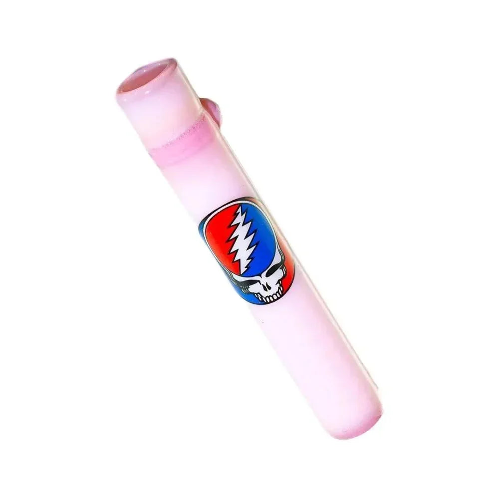 Milky pink glass chillum with colorful lightning bolt skull design on a white background