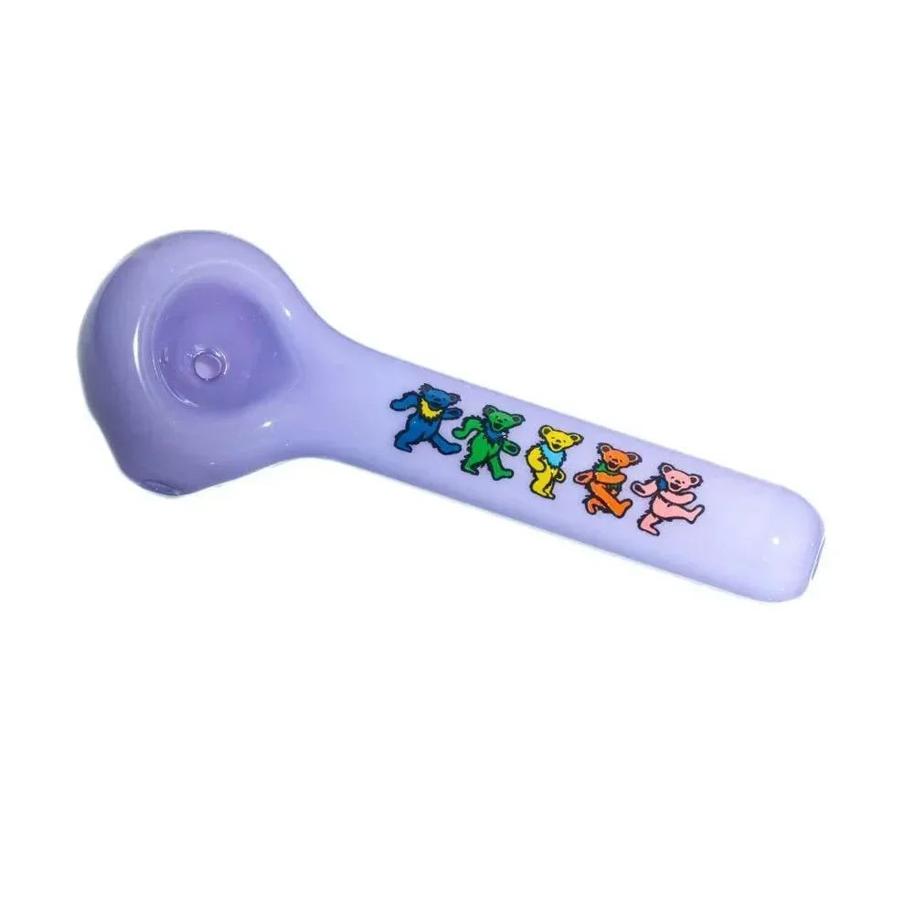 Milky purple glass hand pipe with colorful dancing bear designs