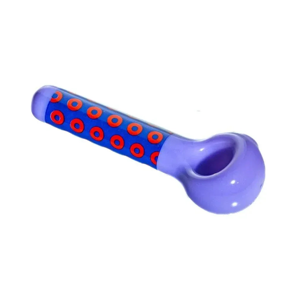 Milky purple glass hand pipe with red and blue donut pattern handle on white background