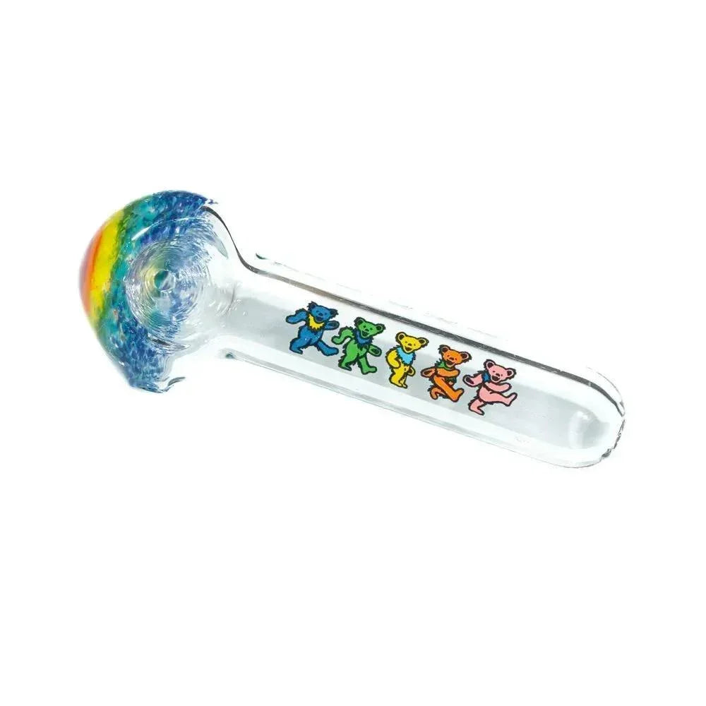 Clear glass hand pipe with rainbow frit bowl and colorful dancing bear designs