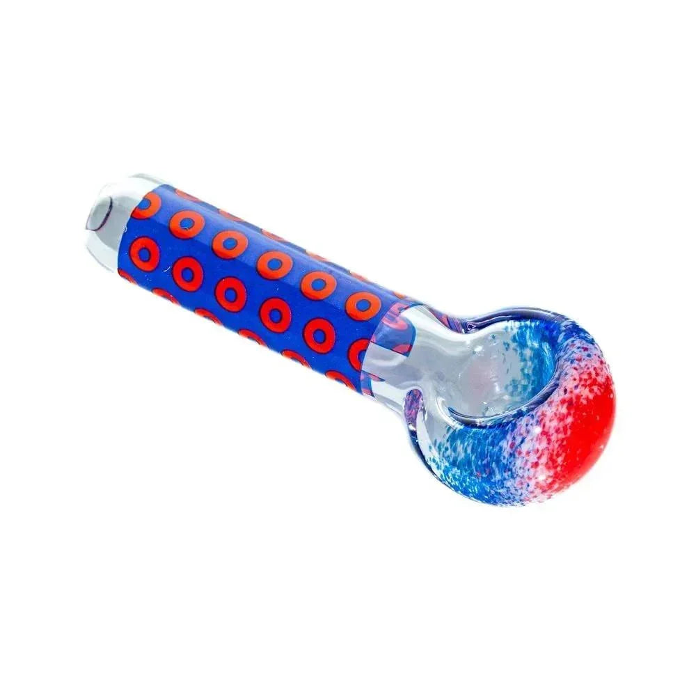 Colorful glass hand pipe with red, white, and blue frit design and donut pattern handle
