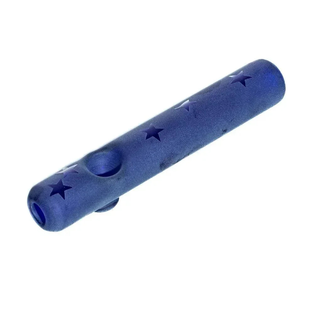 Blue glass steamroller pipe with star cutout accents, isolated on white background