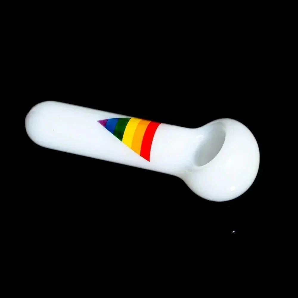 White glass hand pipe with rainbow pride flag design on black background
