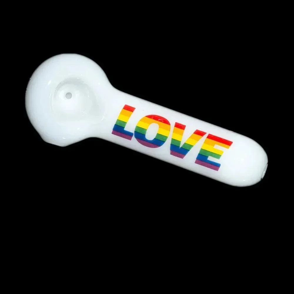 White glass hand pipe with rainbow LOVE text, shown on a black background.