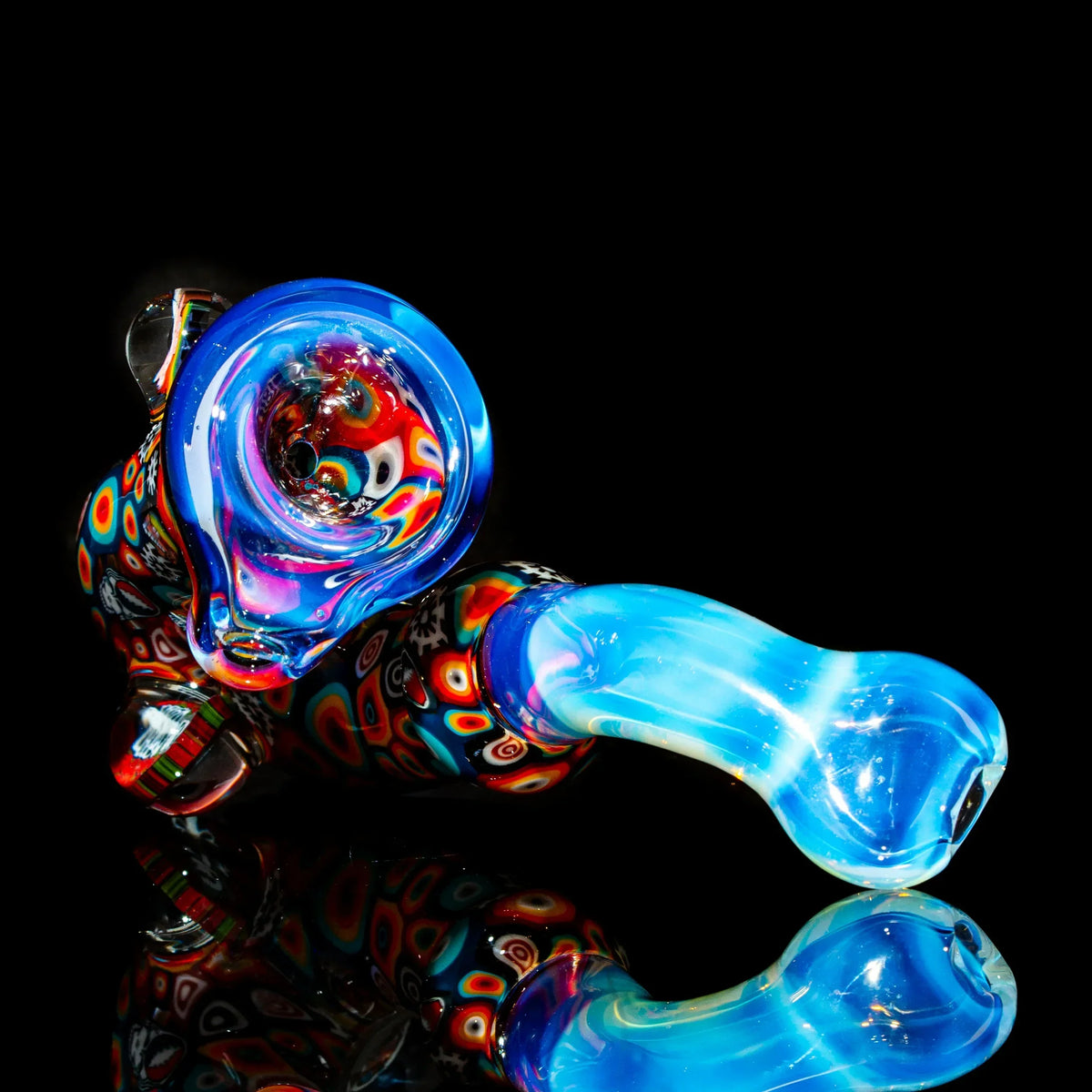 Colorful glass hand pipe with intricate patterns and blue mouthpiece on black background
