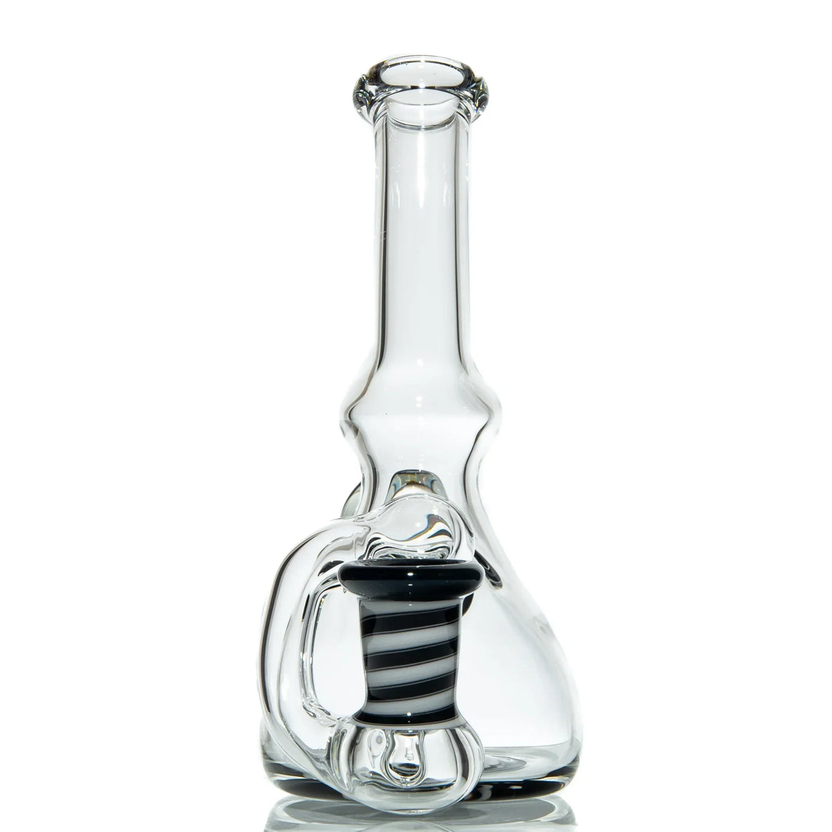 Clear glass water pipe with black and white spiral accent, modern design, heady glass smoking accessory