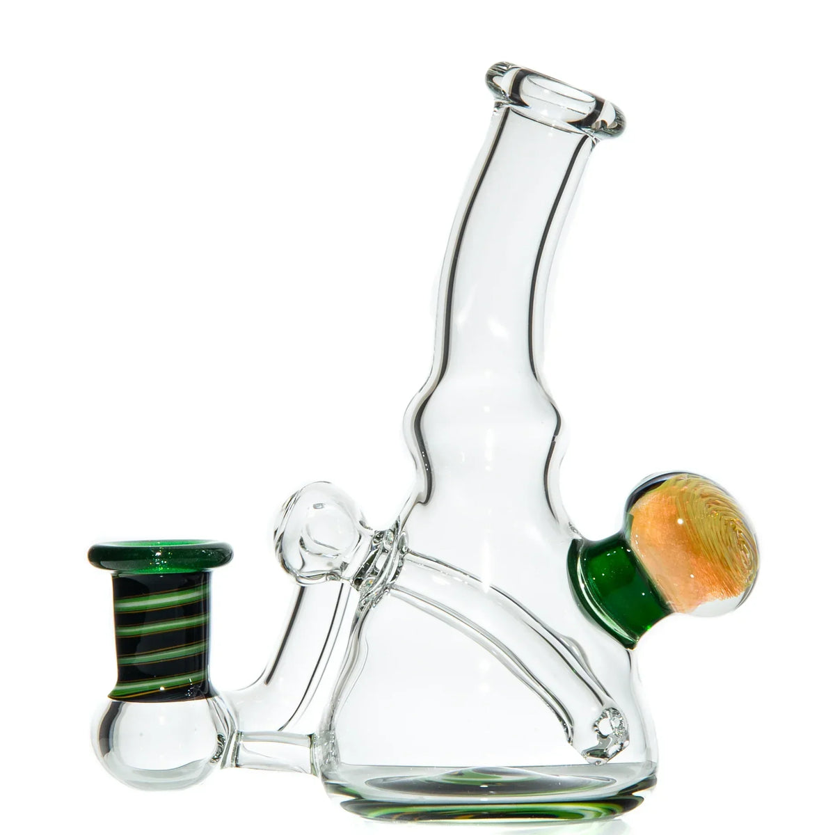 Heady glass water pipe with unique green and yellow accents, clear body, and artistic details.