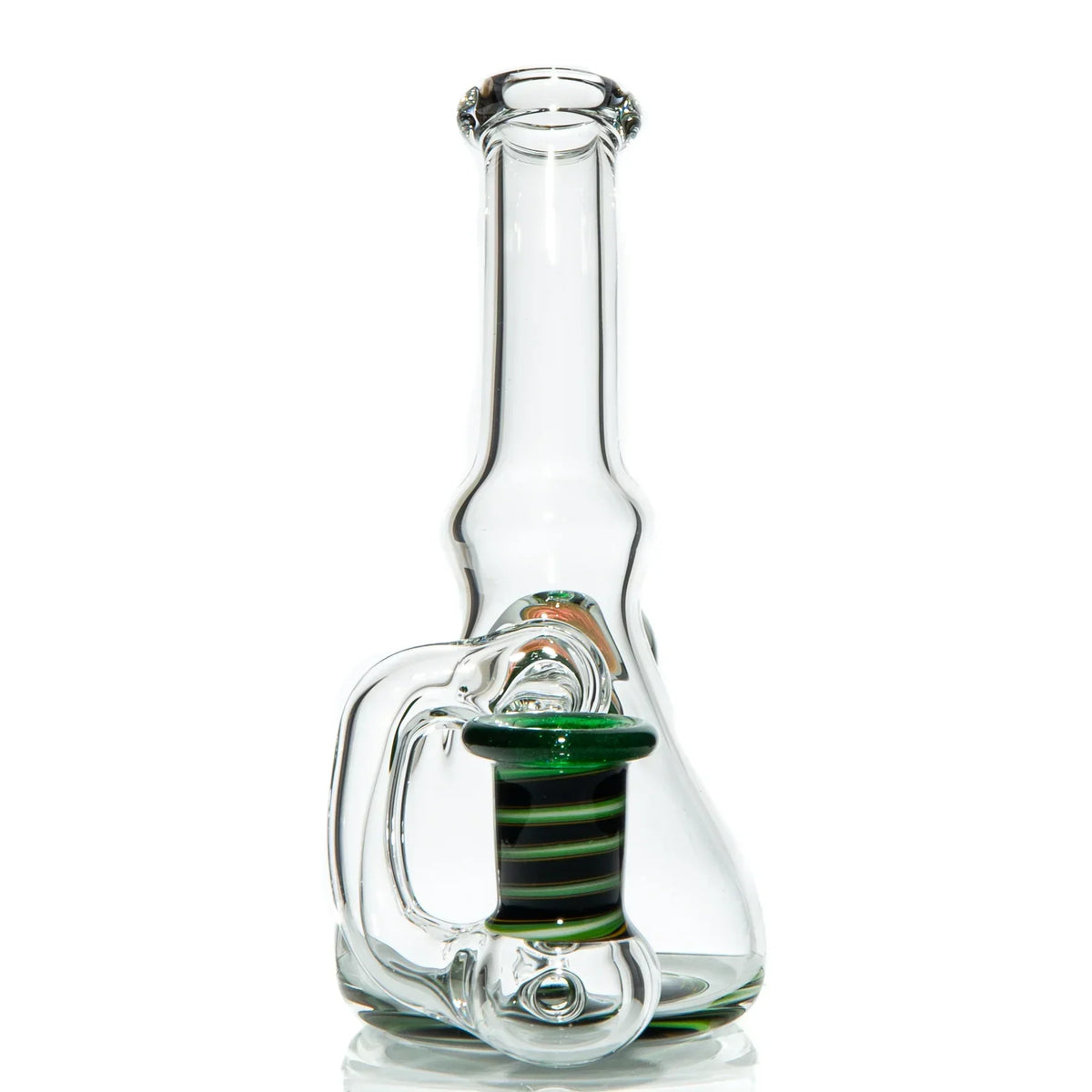 Clear glass water pipe with green and yellow striped accents, unique artistic design.