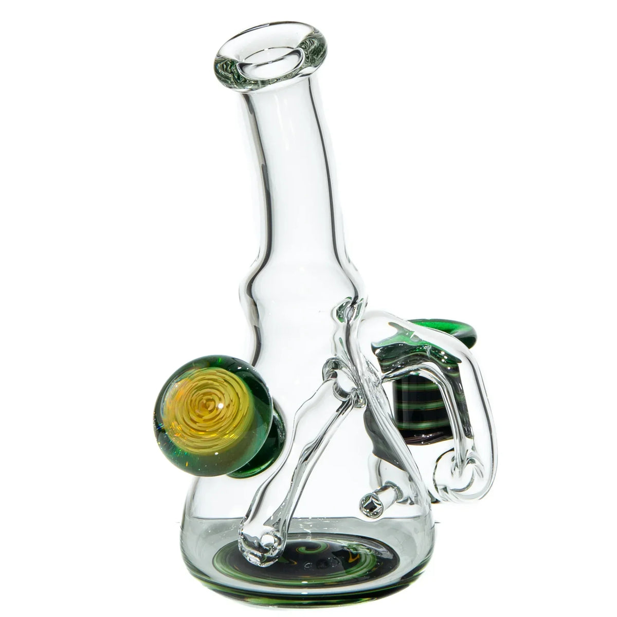 Artistic glass water pipe with yellow, green, and black spiral accents on white background