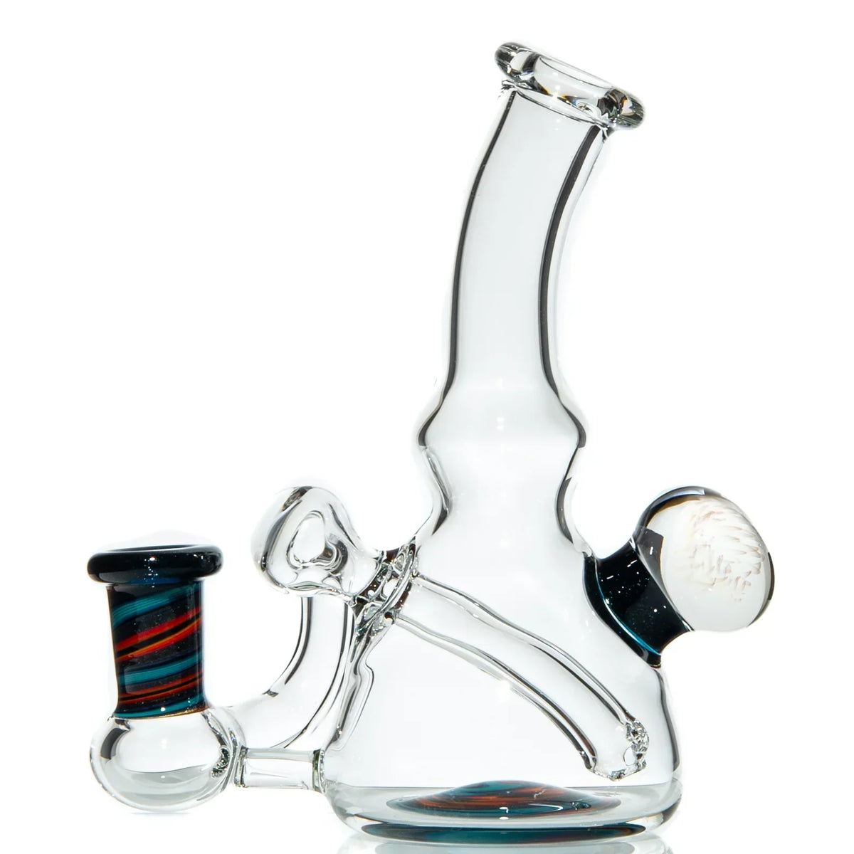 Clear glass water pipe with bent neck and colorful accent details, modern smoking accessory