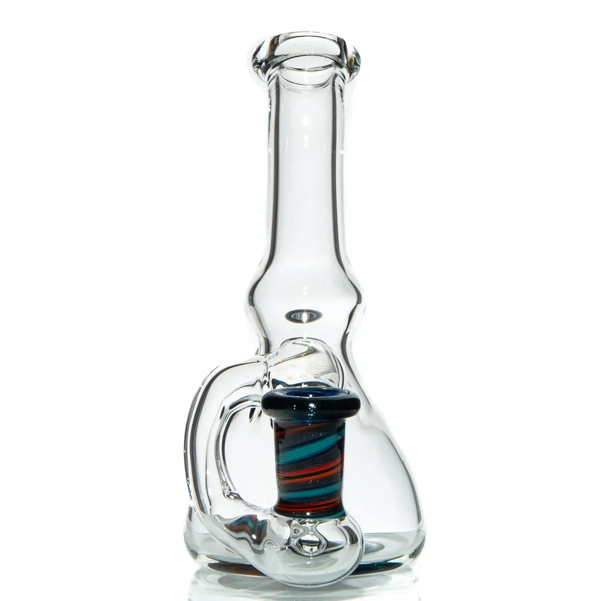 Clear glass water pipe with vibrant red and blue swirl accent, unique artistic design