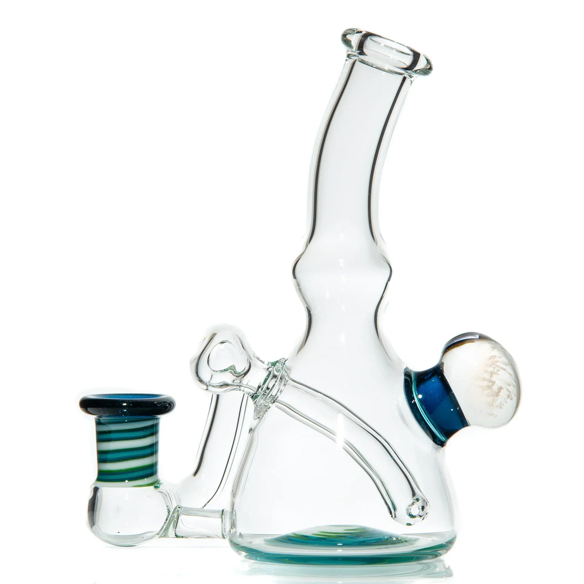 Clear glass water pipe with blue, green, and white accents on a white background