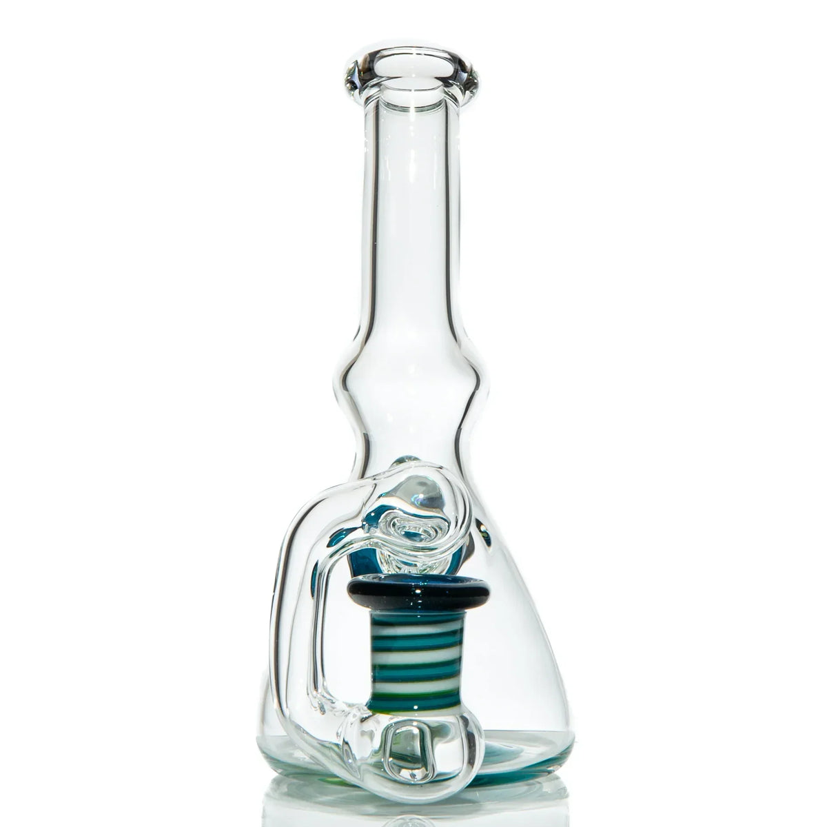 Clear glass water pipe with blue and green striped accents, modern artistic design on white background