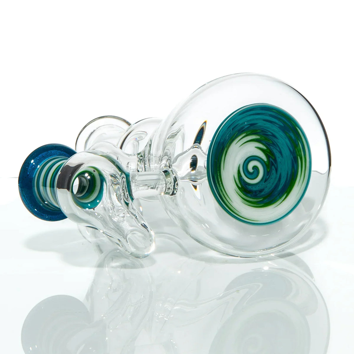 Clear glass hand pipe with green, blue, and white swirl accents on the bowl and mouthpiece.