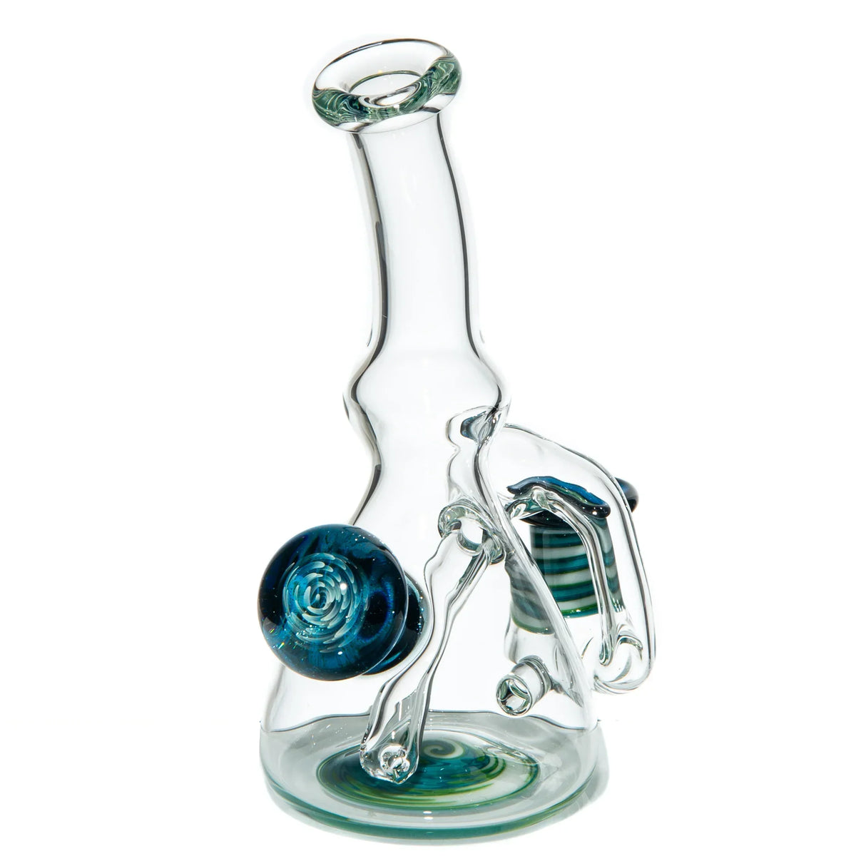 Artistic heady glass water pipe with green, blue, and white accents on a clear base