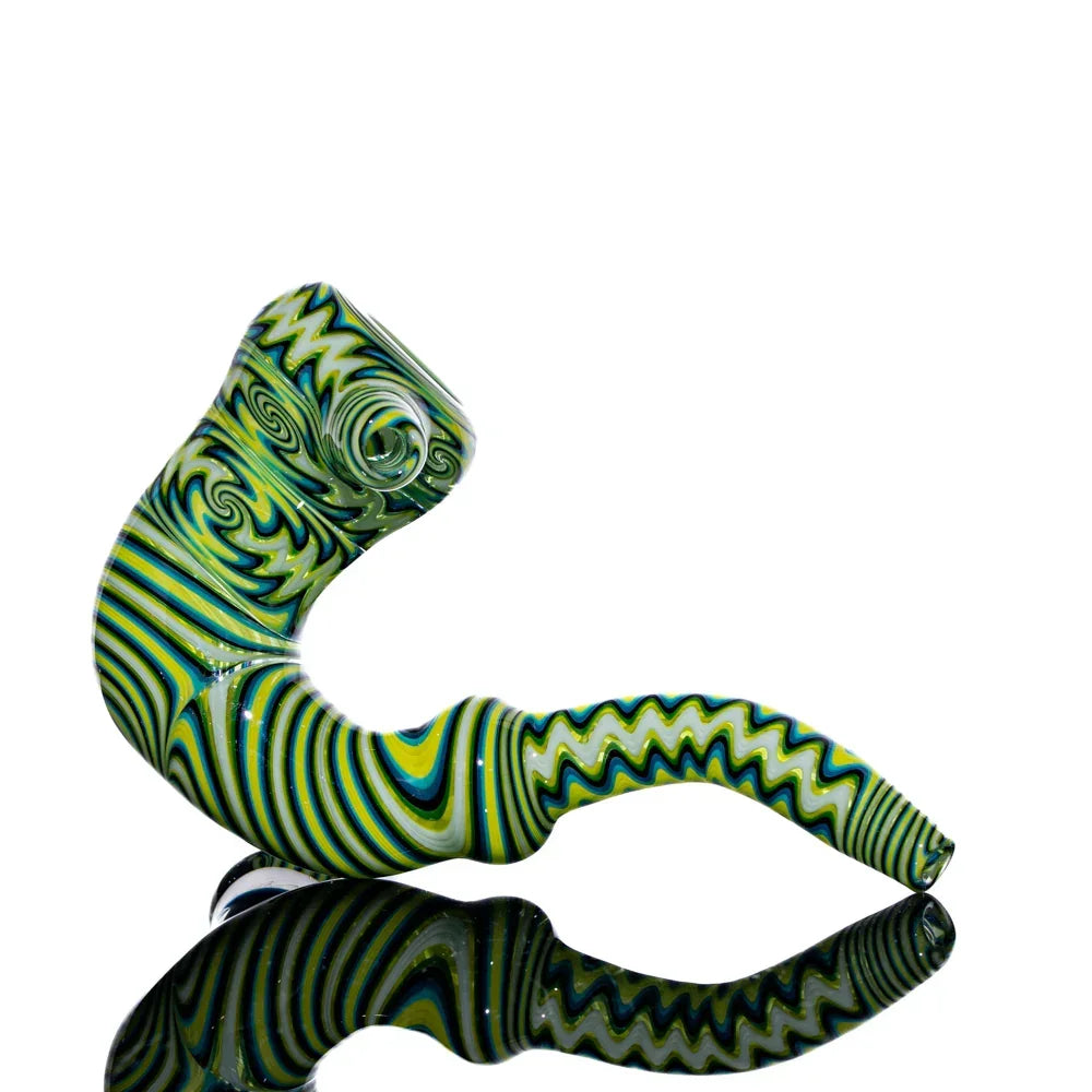 Heady glass sherlock pipe with green, yellow, and black linework and swirled patterns