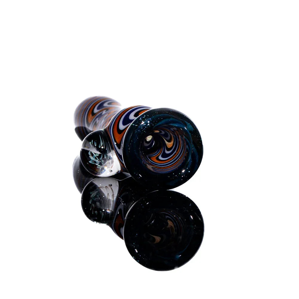Hand-blown glass chillum with purple, orange, and white swirling linework on reflective surface