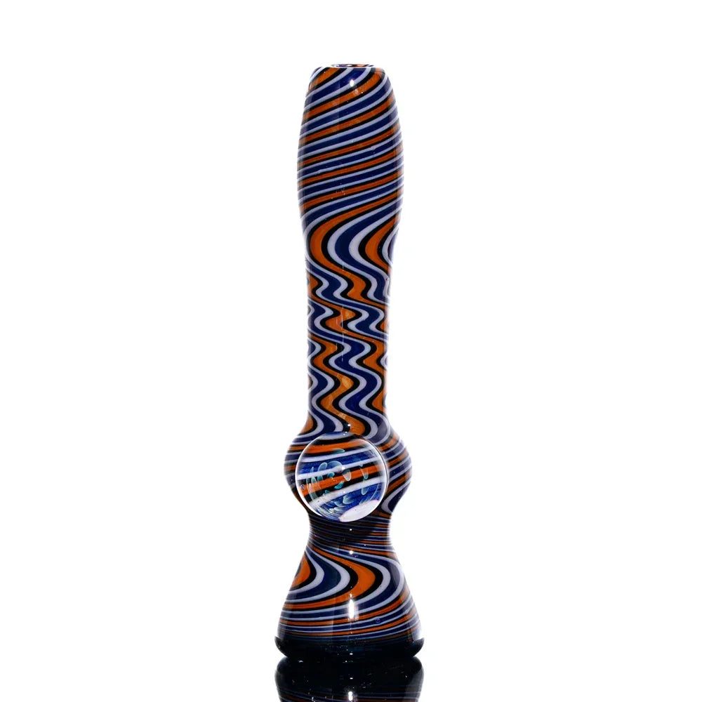 Purple, orange, and white linework glass chillum with wave pattern on white background