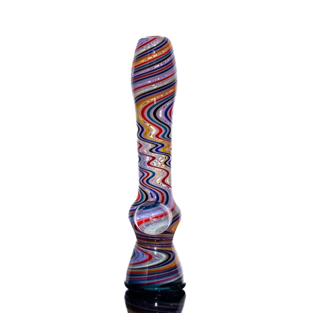 Hand-blown glass chillum with vibrant purple, red, black, and blue linework design