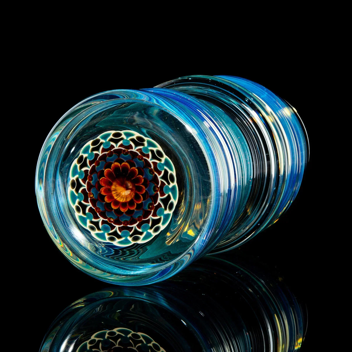Heady glass pint glass with intricate amber and purple dot stack pattern on base