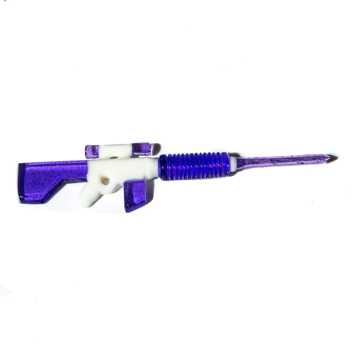 Purple and white glass pipe shaped like a gun on a white background