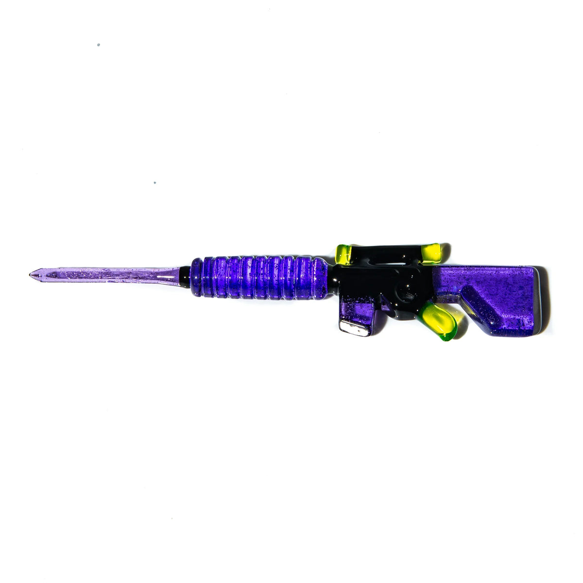 Purple and black glass pipe shaped like a rifle on a white background