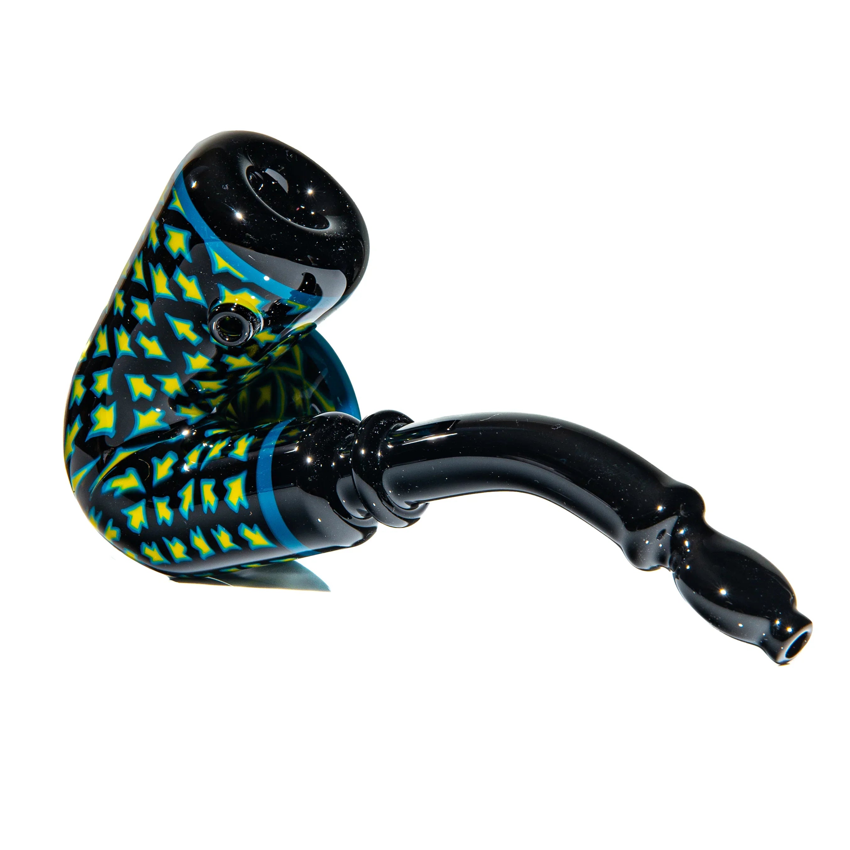 Colorful patterned glass dry pipe with curved black stem and intricate arrow designs