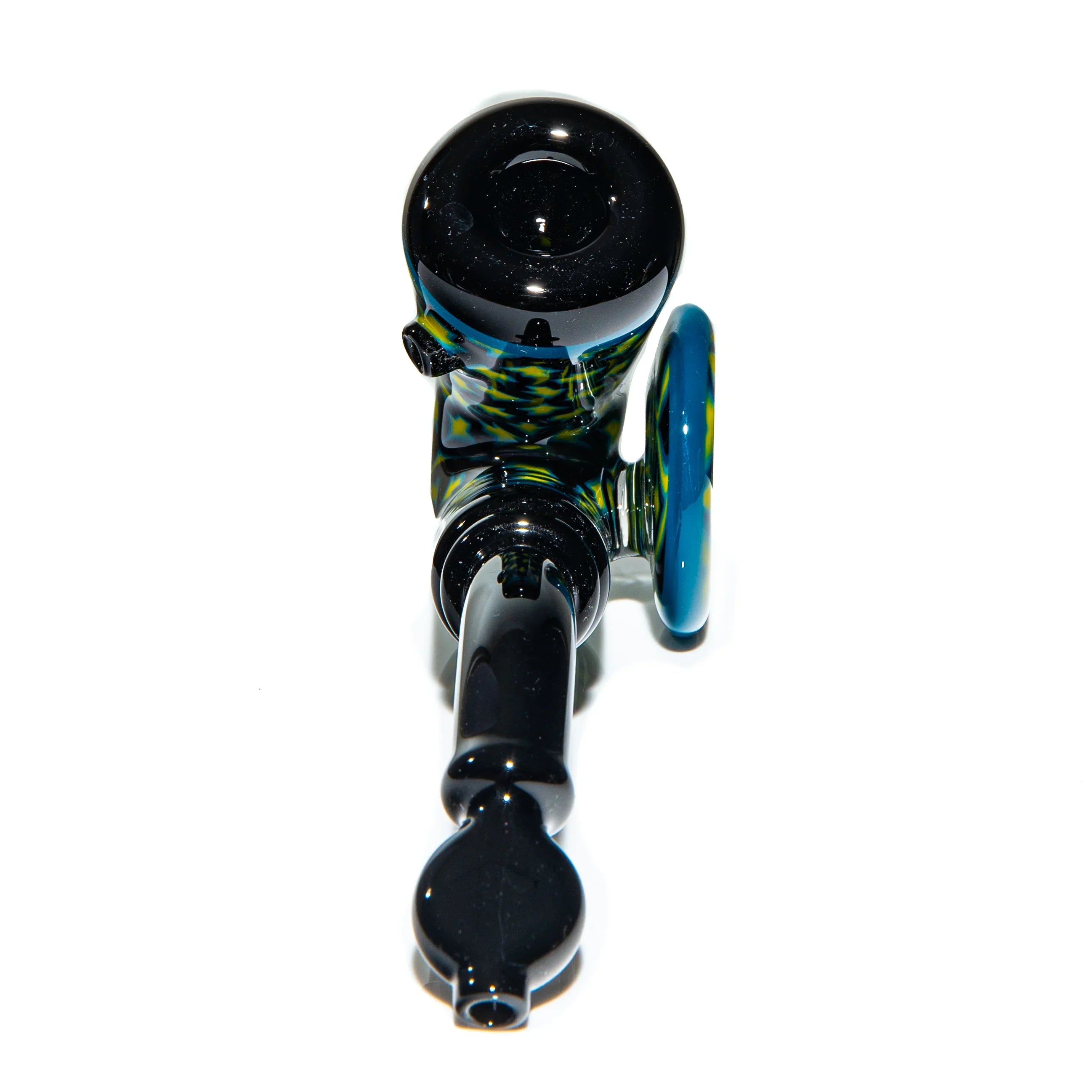 Hand-blown black and blue glass dry pipe with unique disc accent on white background