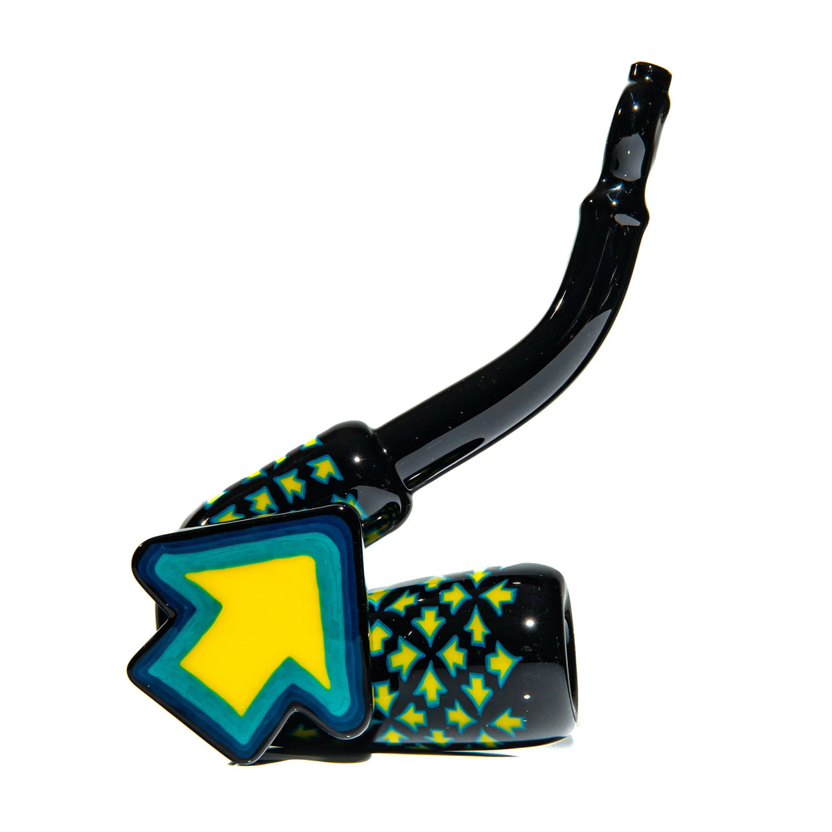 Black glass hand pipe with yellow and blue arrow designs, unique artistic smoking accessory