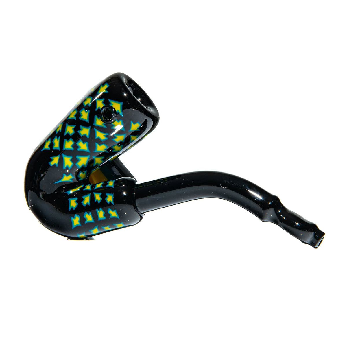 Black glass hand pipe with colorful arrow pattern, curved stem, heady smoking accessory