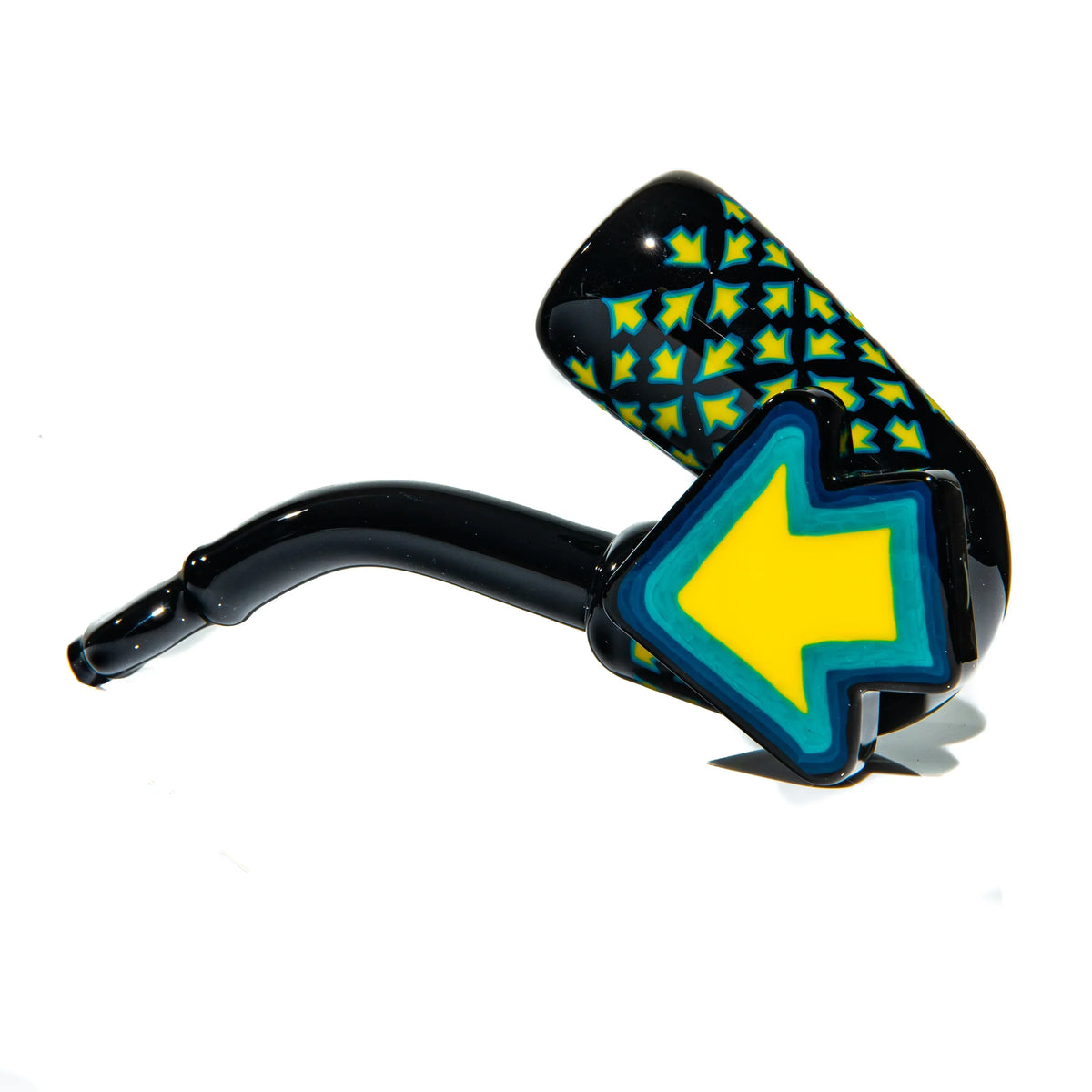 Black glass hand pipe with yellow arrow and geometric pattern, unique smoking accessory